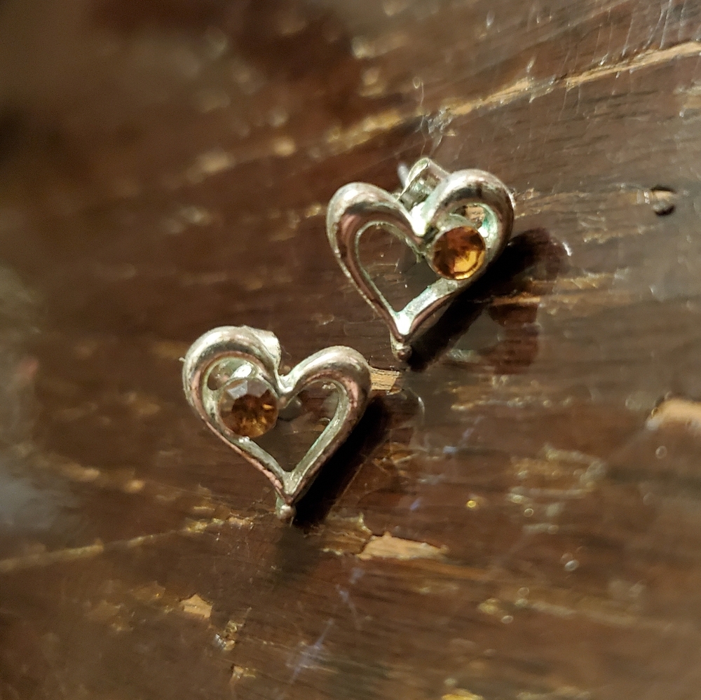 Silver heart stud earrings with November birthstone